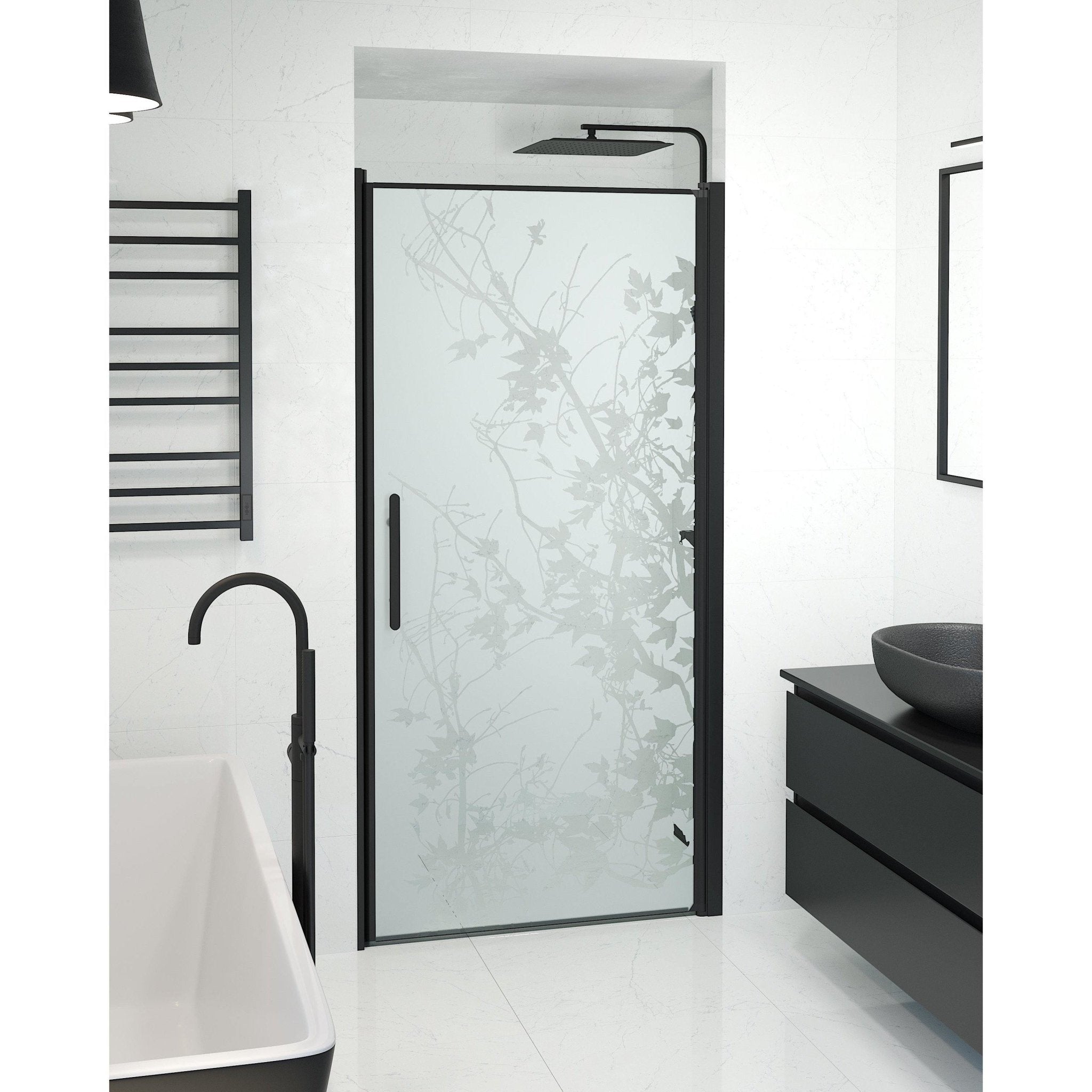 Fjäll Brusedør Til Bruseniche, Sort Profil, Frostet Decor Glas - HomeTomato - 38-100-00-54-00 - 8595677139365