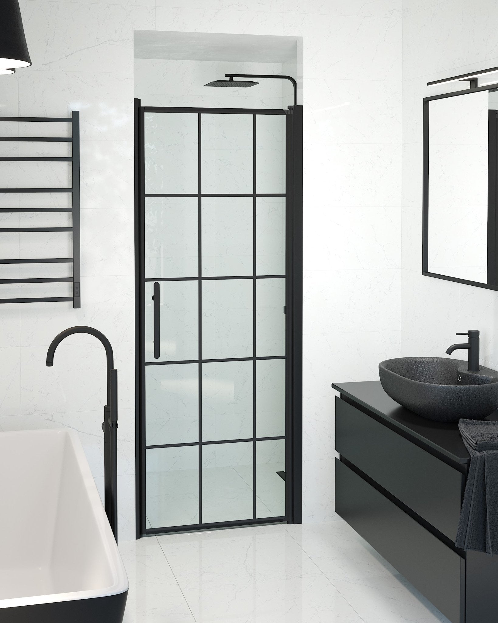 Fjäll Brusedør Til Bruseniche, Sort Profil, Klar Glas Med Sprosser - HomeTomato - 38-080-00-59-00 - 8595677138948