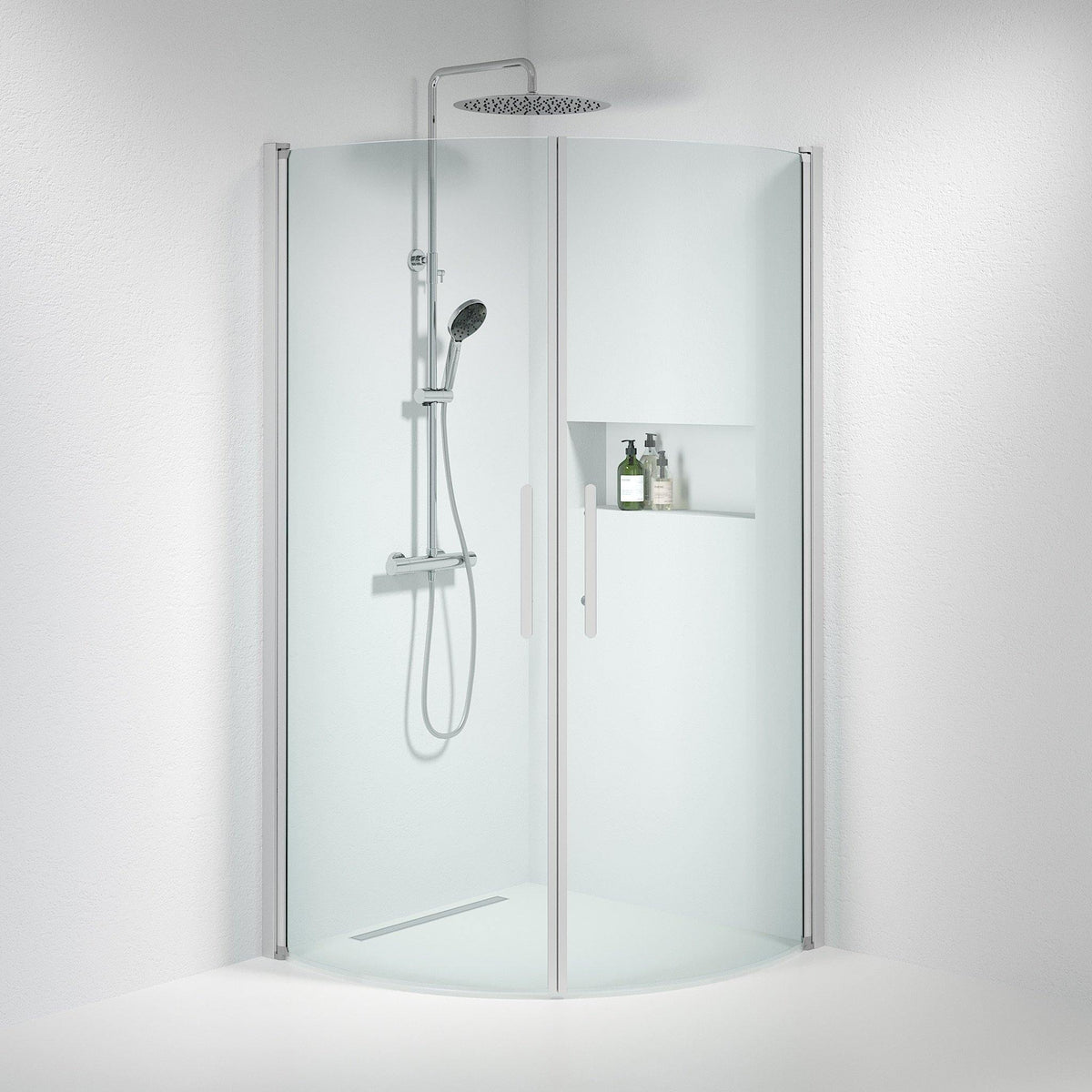 Fjäll Brusehjørne, Buet, Børstet Aluminium Profil, Klar Glas - HomeTomato - 35-101-67-50-00 - 8595677120141