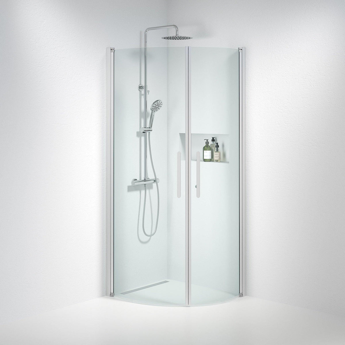 Fjäll Brusehjørne, Buet, Børstet Aluminium Profil, Klar Glas - HomeTomato - 35-709-67-50-00 - 8595677119305