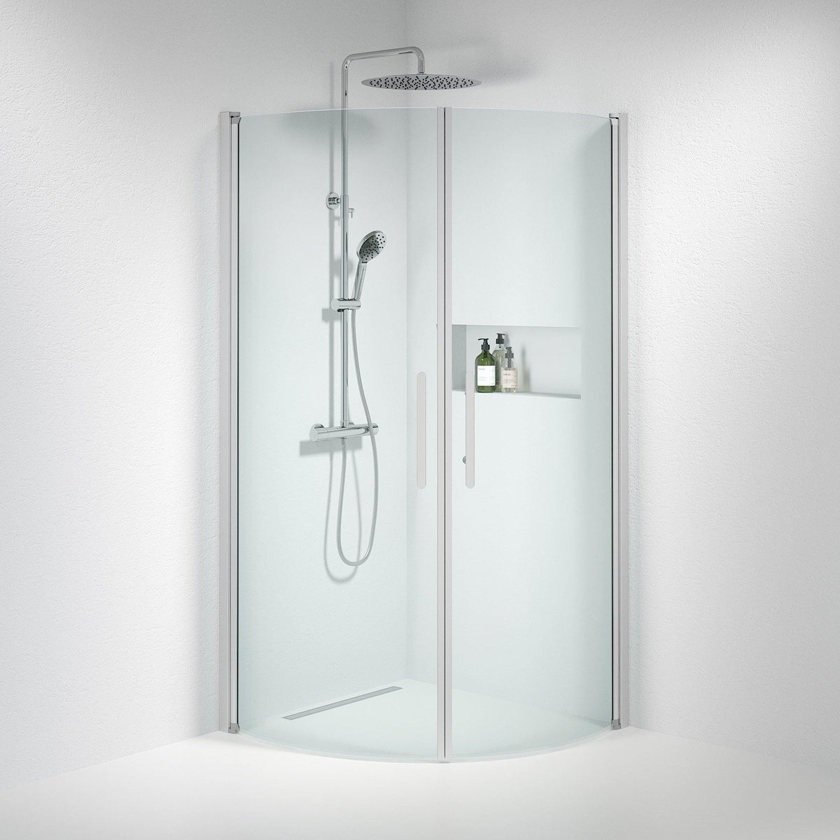Fjäll Brusehjørne, Buet, Børstet Aluminium Profil, Klar Glas - HomeTomato - 35-901-67-50-00 - 8595677120028