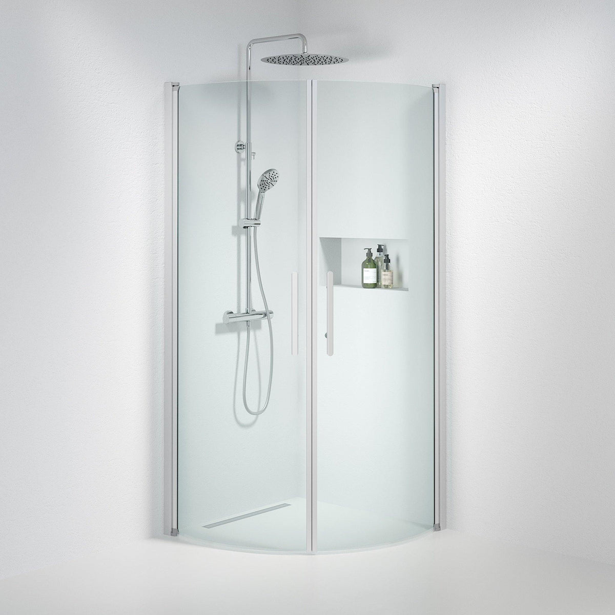 Fjäll Brusehjørne, Buet, Børstet Aluminium Profil, Klar Glas - HomeTomato - 35-909-67-50-00 - 8595677119909