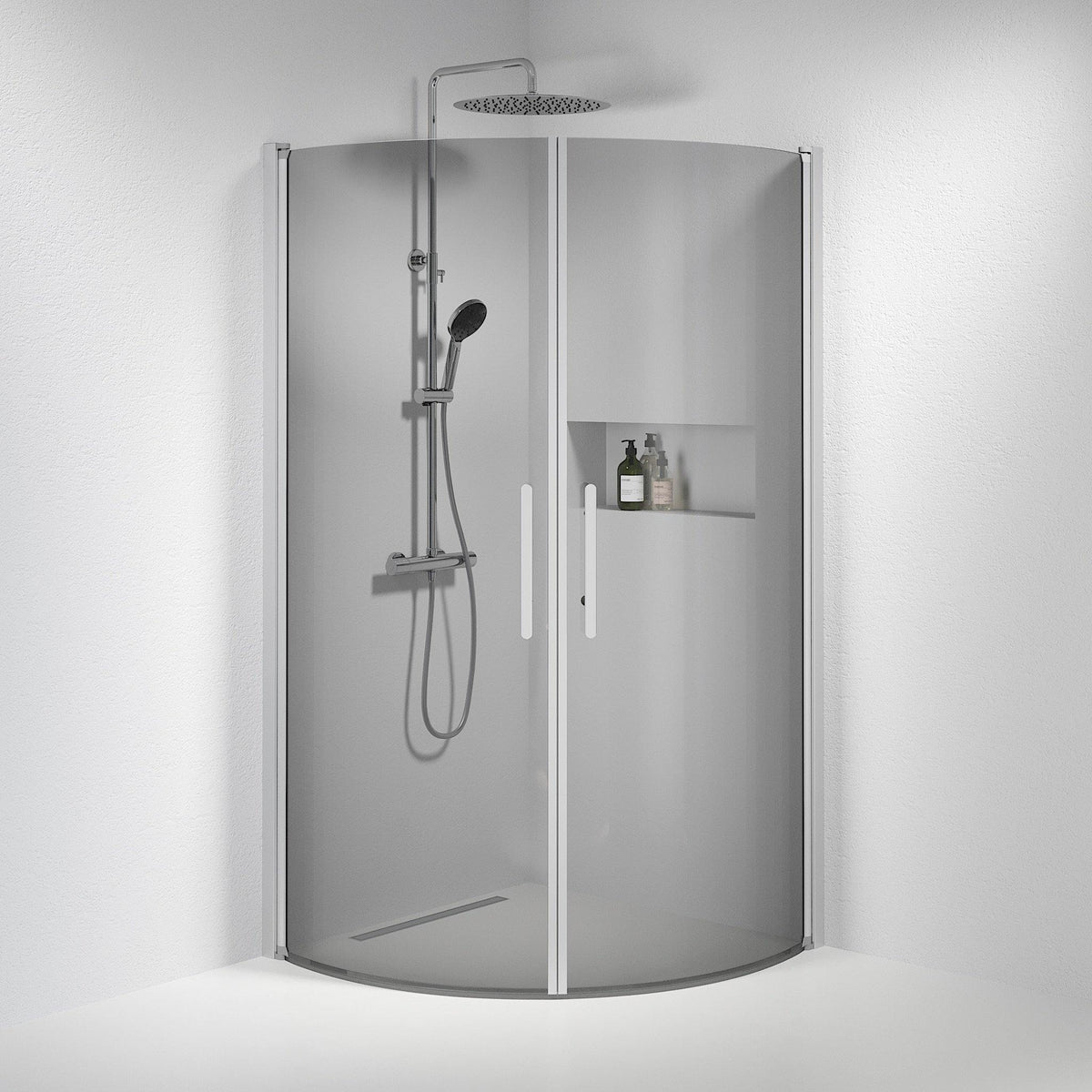 Fjäll Brusehjørne, Buet, Børstet Aluminium Profil, Tonet Glas - HomeTomato - 35-101-67-56-00 - 8595677120172