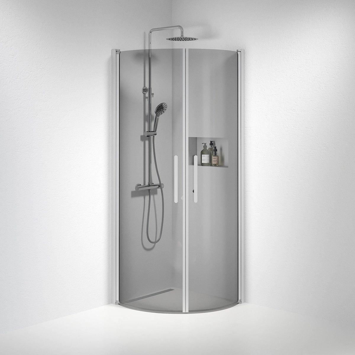 Fjäll Brusehjørne, Buet, Børstet Aluminium Profil, Tonet Glas - HomeTomato - 35-101-67-56-00 - 8595677120172