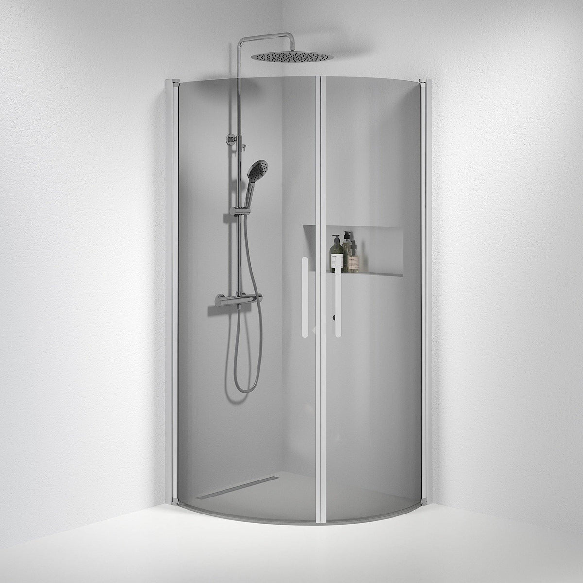 Fjäll Brusehjørne, Buet, Børstet Aluminium Profil, Tonet Glas - HomeTomato - 35-801-67-56-00 - 8595677119459