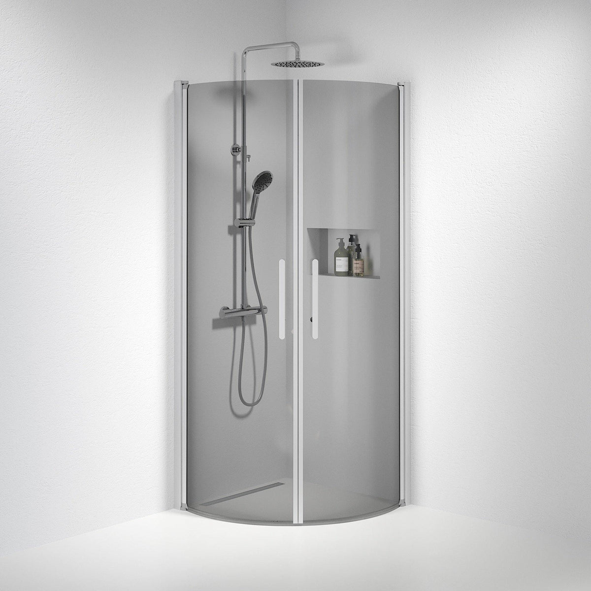Fjäll Brusehjørne, Buet, Børstet Aluminium Profil, Tonet Glas - HomeTomato - 35-808-67-56-00 - 8595677119572