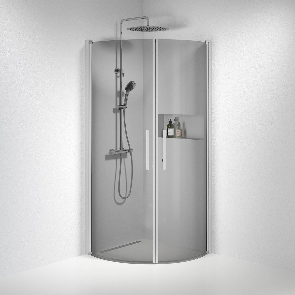 Fjäll Brusehjørne, Buet, Børstet Aluminium Profil, Tonet Glas - HomeTomato - 35-809-67-56-00 - 8595677119800