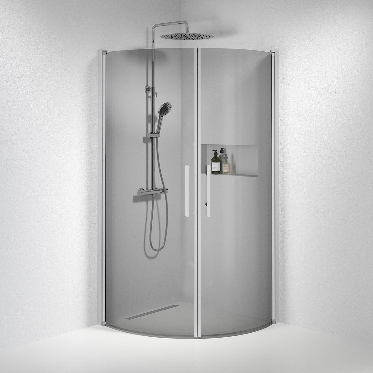 Fjäll Brusehjørne, Buet, Børstet Aluminium Profil, Tonet Glas - HomeTomato - 35-901-67-56-00 - 8595677120059