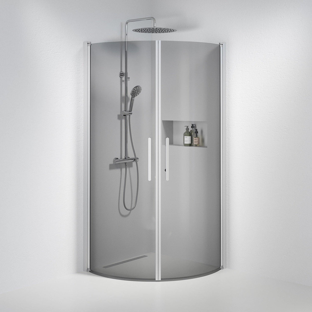 Fjäll Brusehjørne, Buet, Børstet Aluminium Profil, Tonet Glas - HomeTomato - 35-909-67-56-00 - 8595677119930