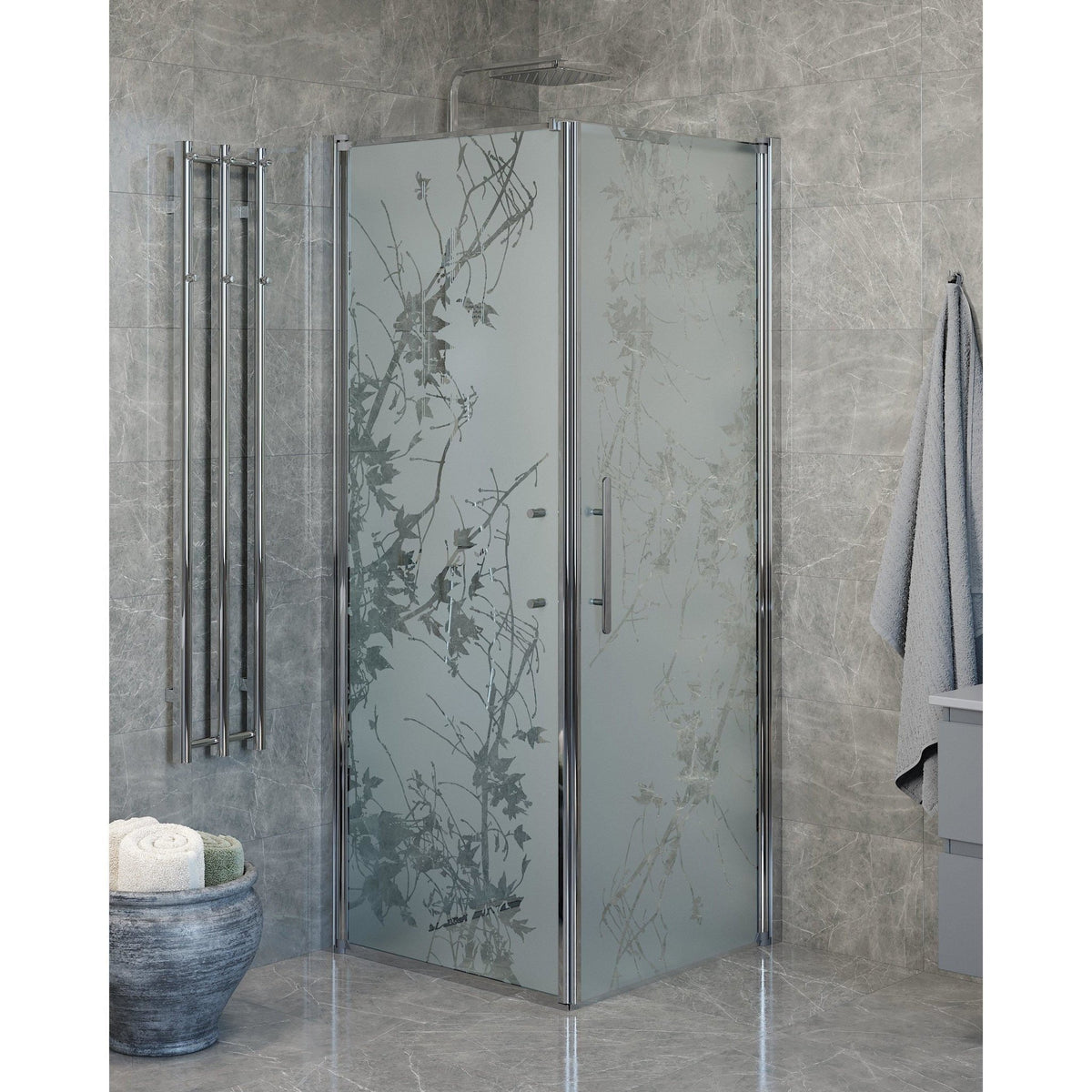 Fjäll Brusehjørne, Dør + Væg, Krom Profil, Frostet Decor Glas - HomeTomato - 40-107-01-54-00 - 8595677139747