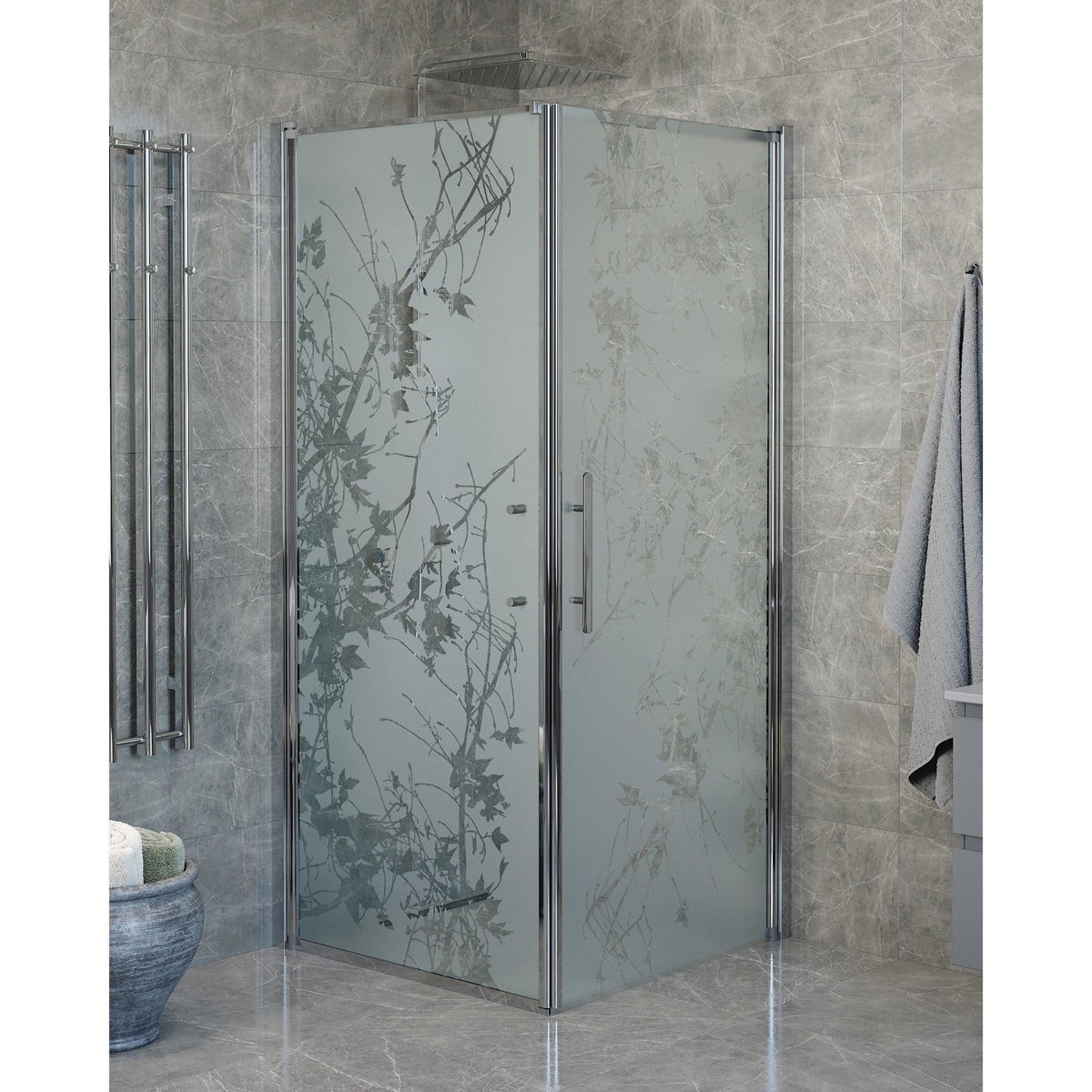 Fjäll Brusehjørne, Dør + Væg, Krom Profil, Frostet Decor Glas - HomeTomato - 40-909-01-54-00 - 8595677140064