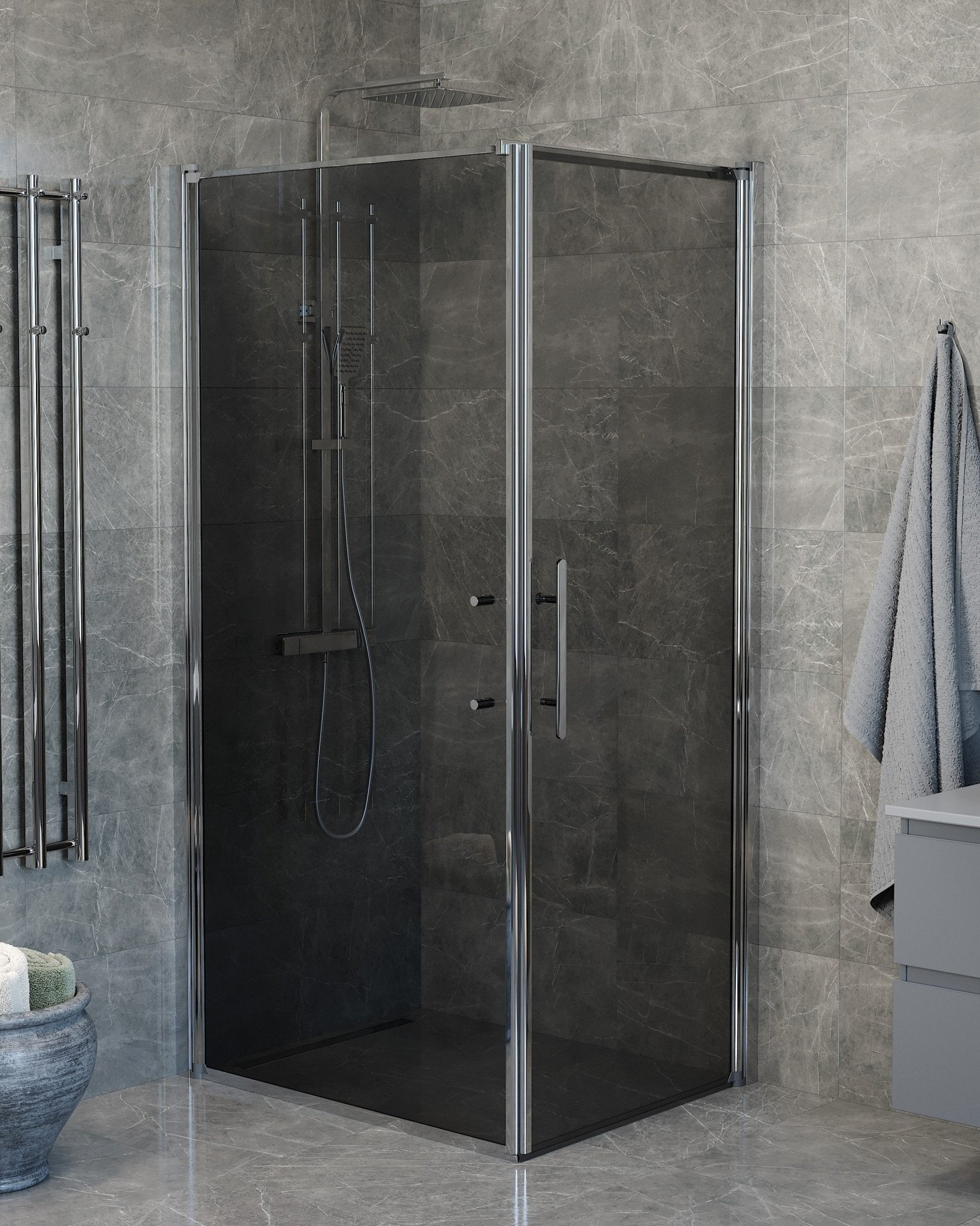 Fjäll Brusehjørne, Dør + Væg, Krom Profil, Tonet Glas - HomeTomato - 40-108-01-56-00 - 8595677140002