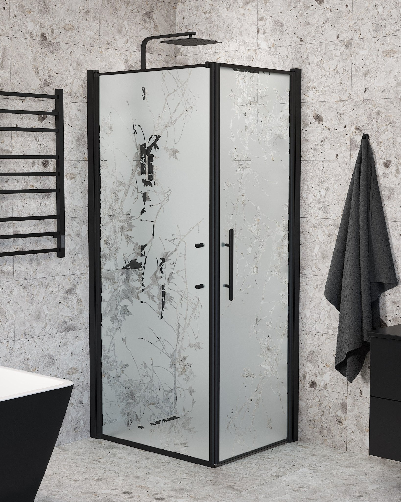 Fjäll Brusehjørne, Dør + Væg, Sort Profil, Frostet Decor Glas - HomeTomato - 40-907-00-54-00 - 8595677139624