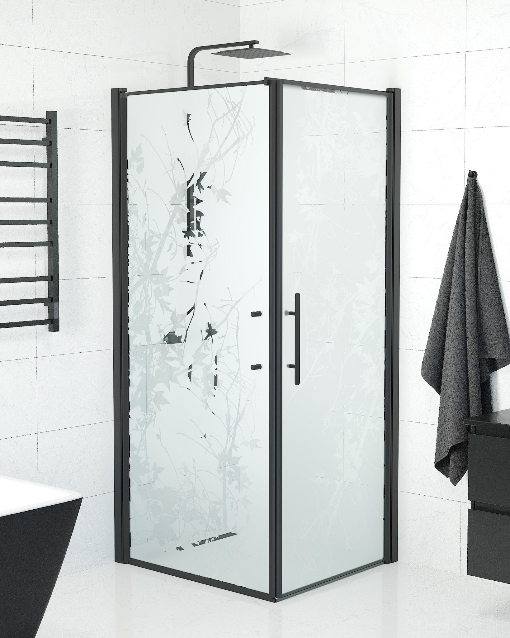 Fjäll Brusehjørne, Dør + Væg, Sort Profil, Frostet Decor Glas - HomeTomato - 40-908-00-54-00 - 8595677139860