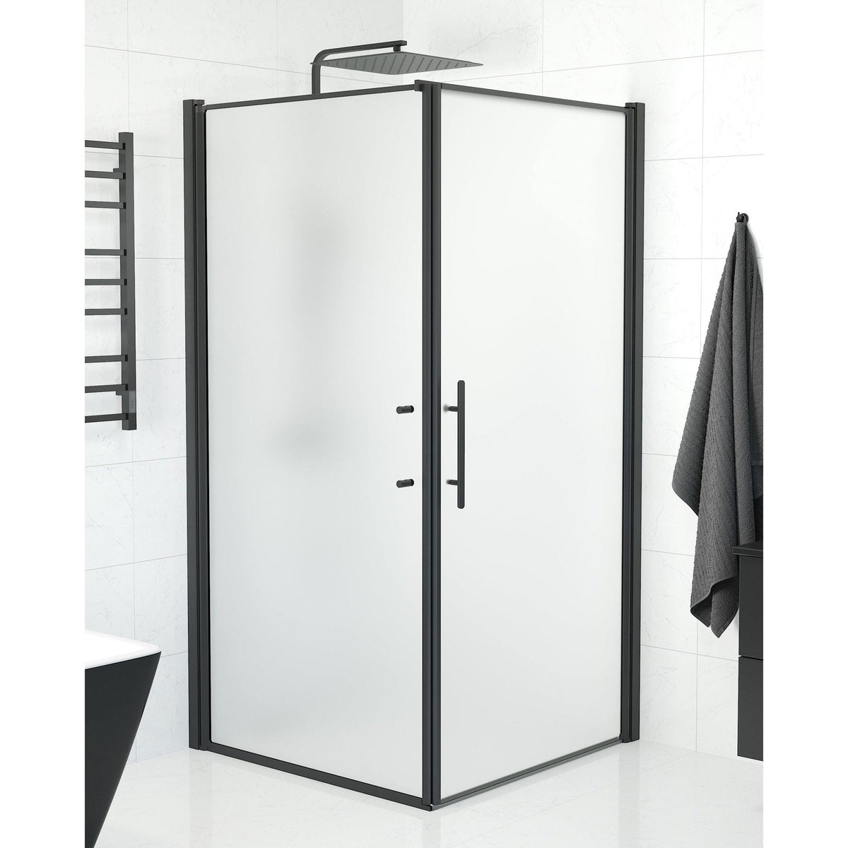 Fjäll Brusehjørne, Dør + Væg, Sort Profil, Frostet Glas - HomeTomato - 40-101-00-55-00 - 8595677140194