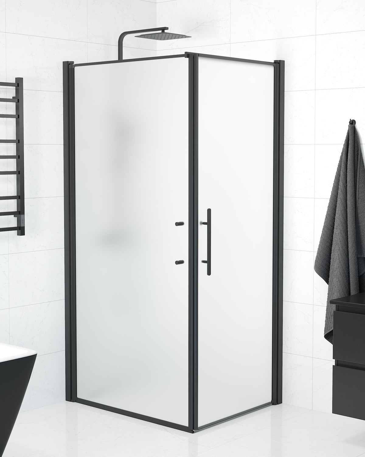 Fjäll Brusehjørne, Dør + Væg, Sort Profil, Frostet Glas - HomeTomato - 40-108-00-55-00 - 8595677139952
