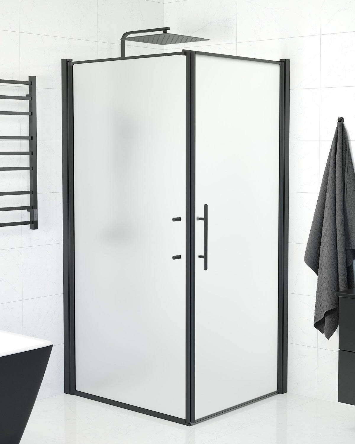 Fjäll Brusehjørne, Dør + Væg, Sort Profil, Frostet Glas - HomeTomato - 40-109-00-55-00 - 8595677140118