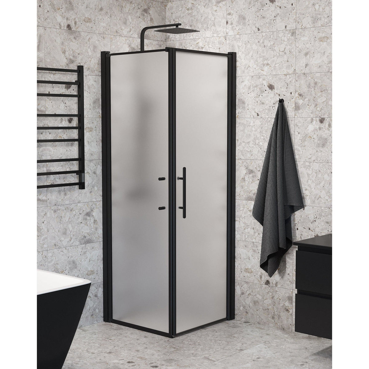 Fjäll Brusehjørne, Dør + Væg, Sort Profil, Frostet Glas - HomeTomato - 40-107-00-55-00 - 8595677139716