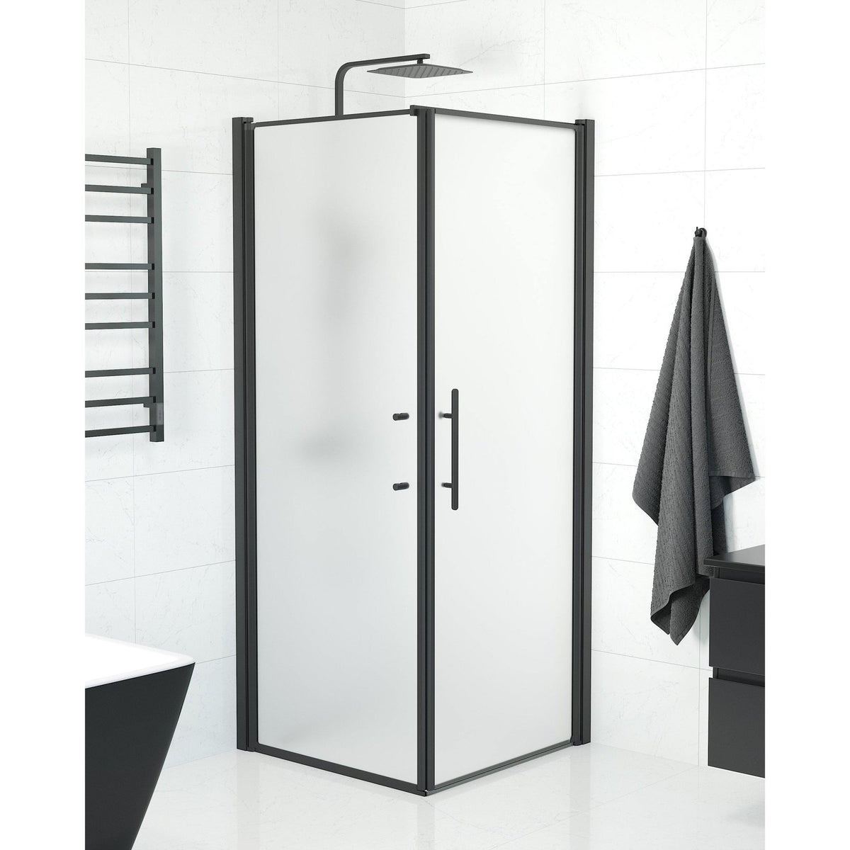 Fjäll Brusehjørne, Dør + Væg, Sort Profil, Frostet Glas - HomeTomato - 40-808-00-55-00 - 8595677139792
