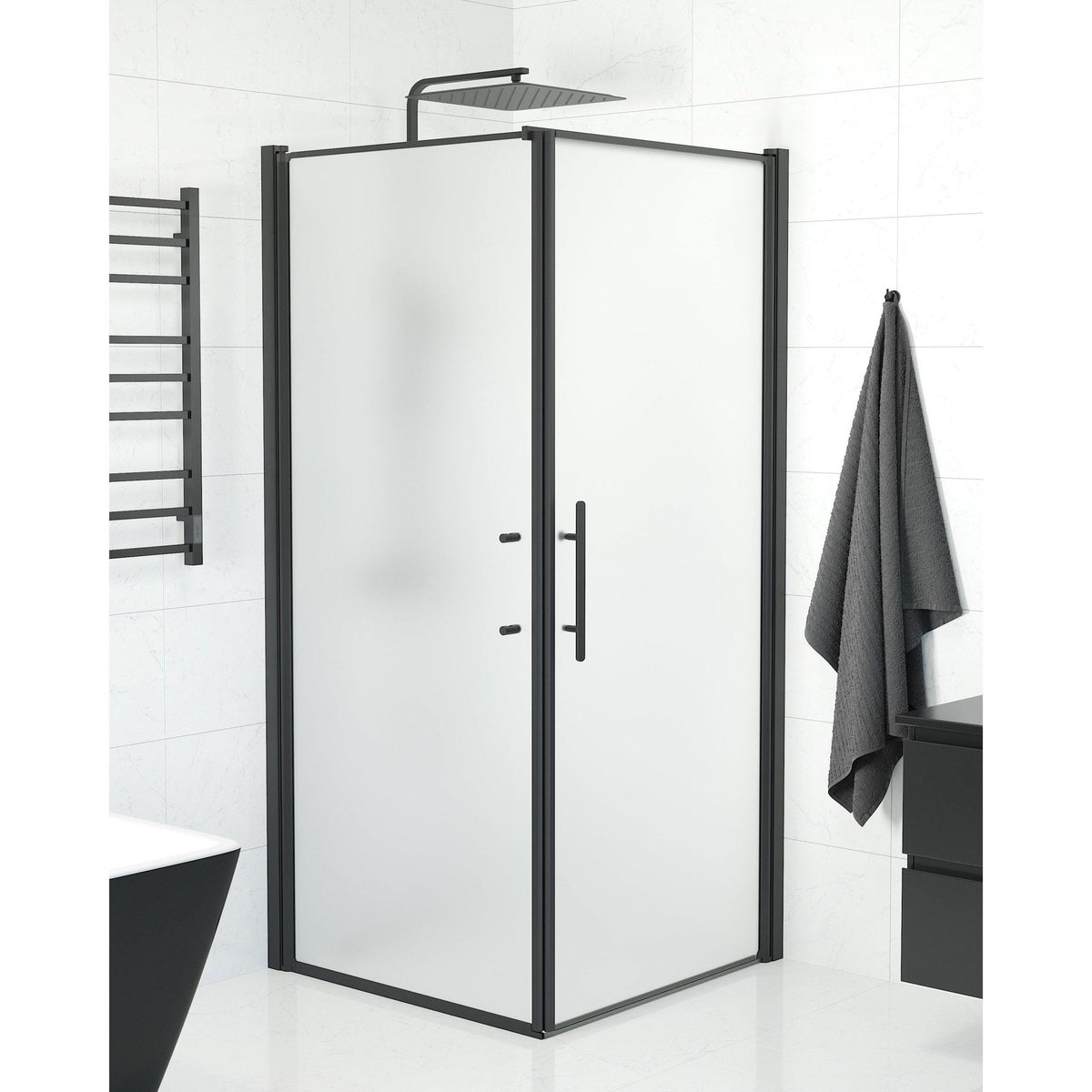 Fjäll Brusehjørne, Dør + Væg, Sort Profil, Frostet Glas - HomeTomato - 40-909-00-55-00 - 8595677140033