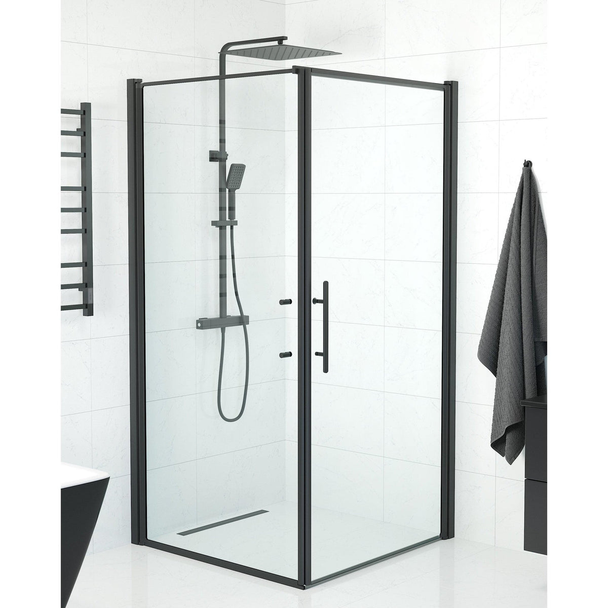 Fjäll Brusehjørne, Dør + Væg, Sort Profil, Klar Glas - HomeTomato - 40-101-00-50-00 - 8595677140170