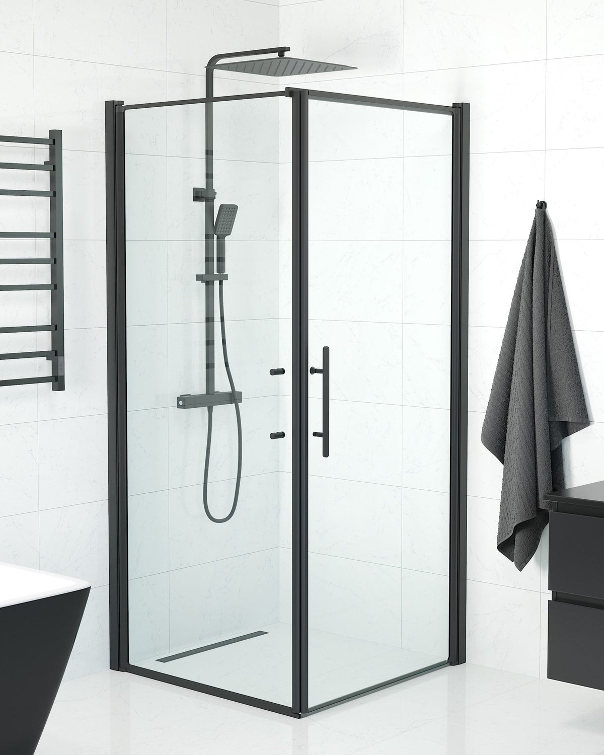 Fjäll Brusehjørne, Dør + Væg, Sort Profil, Klar Glas - HomeTomato - 40-909-00-50-00 - 8595677140019