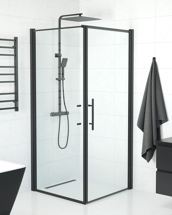 Fjäll Brusehjørne, Dør + Væg, Sort Profil, Klar Glas - HomeTomato - 40-909-00-50-00 - 8595677140019