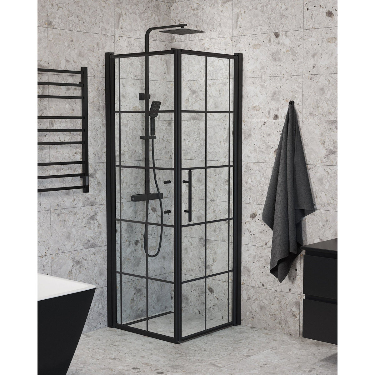 Fjäll Brusehjørne, Dør + Væg, Sort Profil, Klar Glas med Sprosser - HomeTomato - 40-107-00-59-00 - 8595677140521