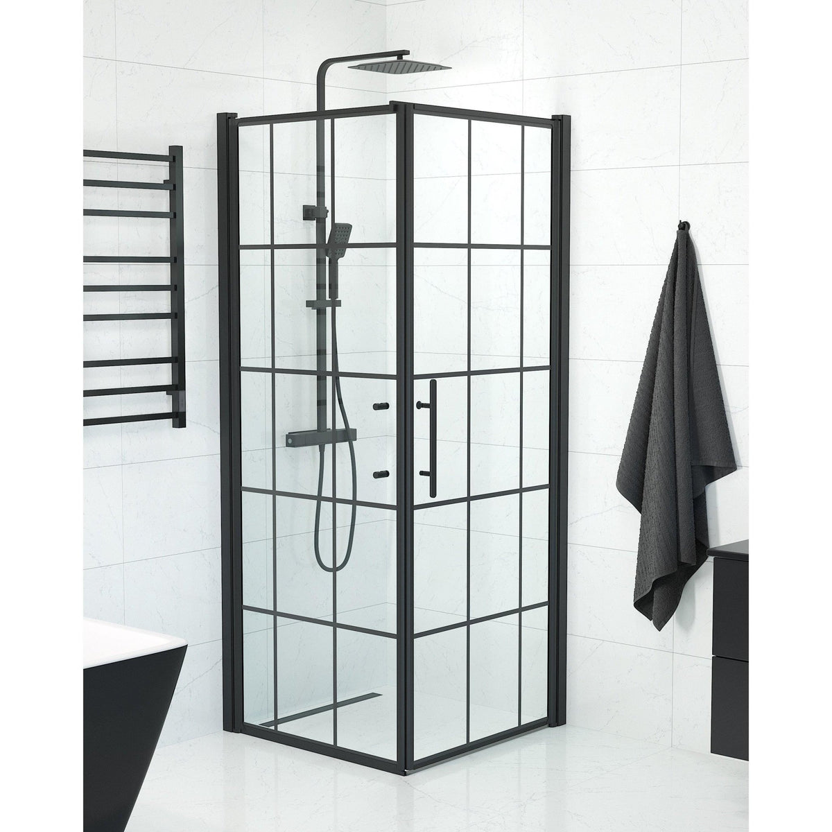 Fjäll Brusehjørne, Dør + Væg, Sort Profil, Klar Glas med Sprosser - HomeTomato - 40-808-00-59-00 - 8595677140538
