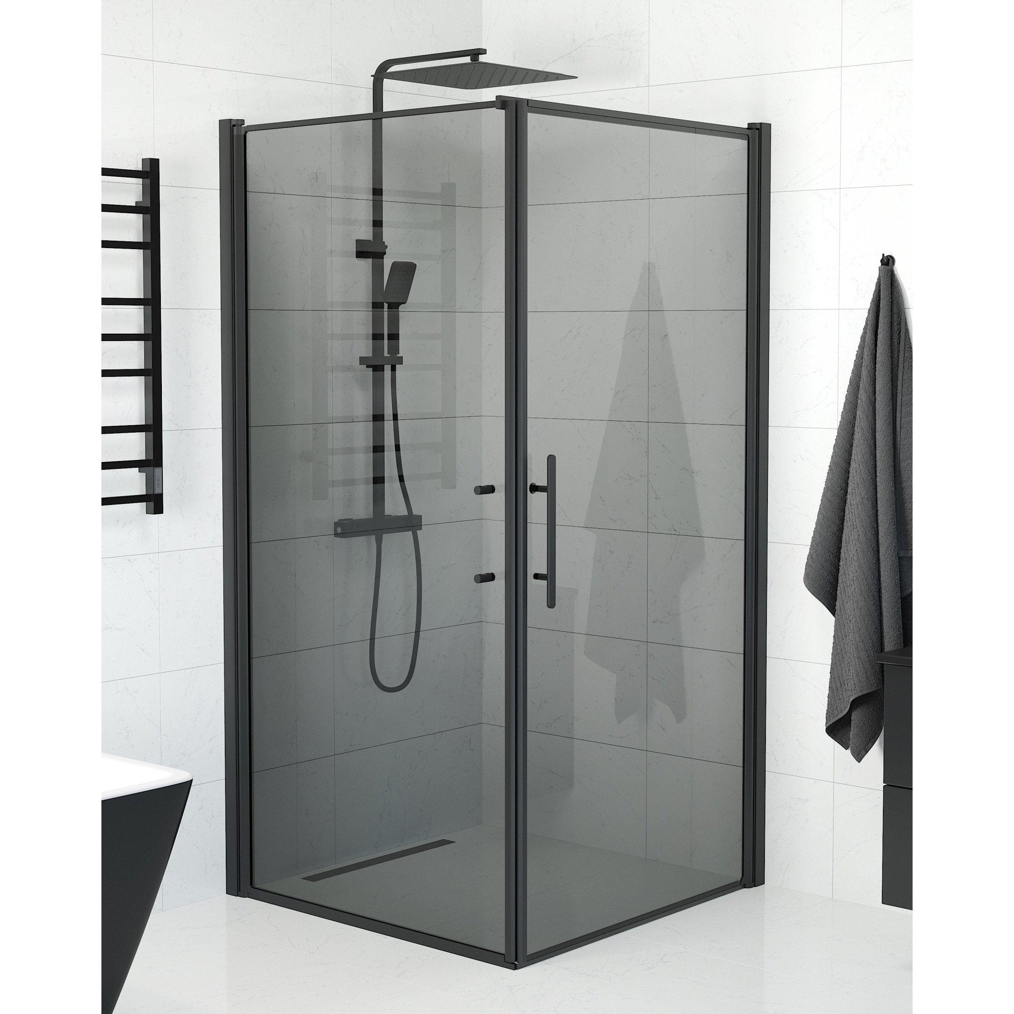 Fjäll Brusehjørne, Dør + Væg, Sort Profil, Tonet Glas - HomeTomato - 40-101-00-56-00 - 8595677140200