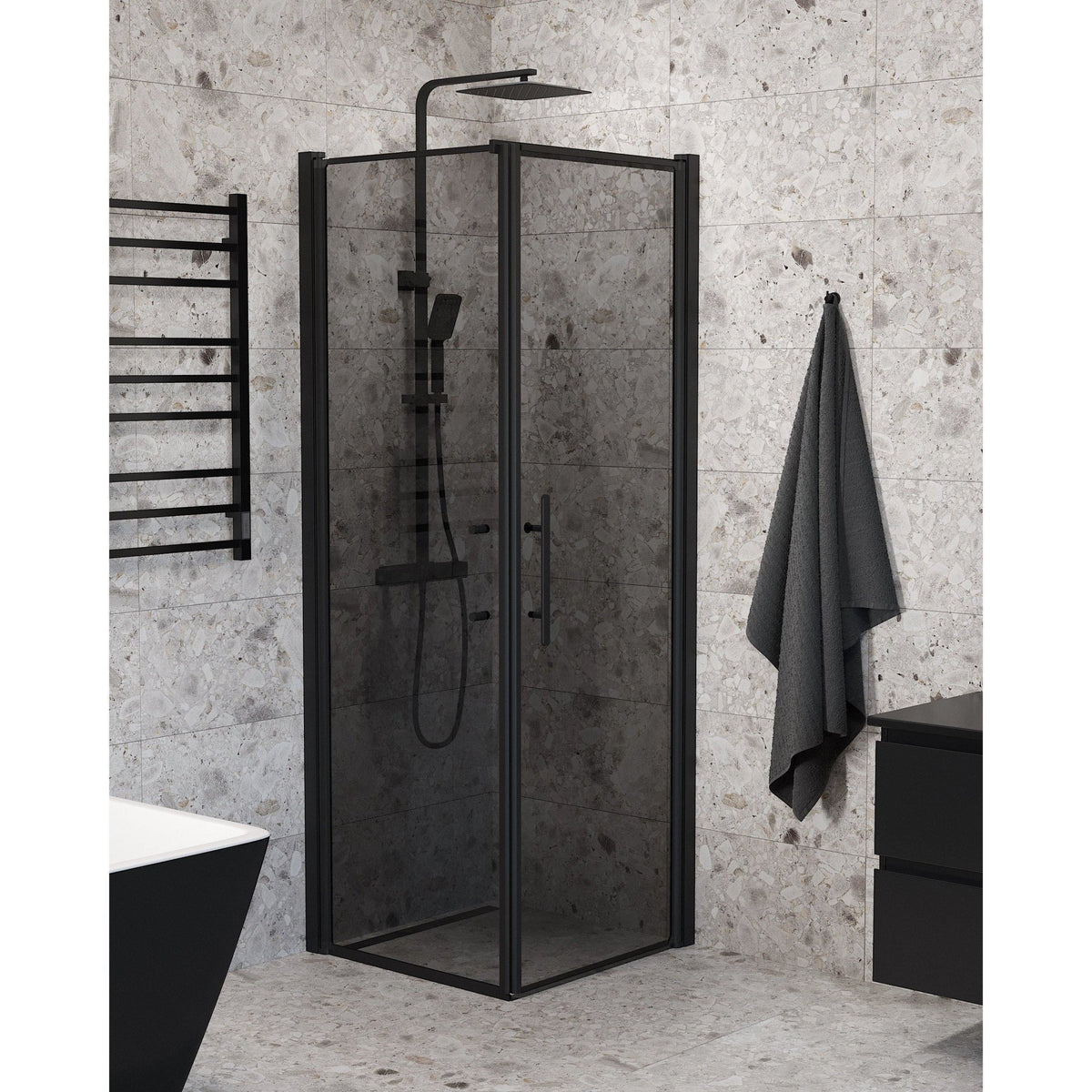 Fjäll Brusehjørne, Dør + Væg, Sort Profil, Tonet Glas - HomeTomato - 40-107-00-56-00 - 8595677139723