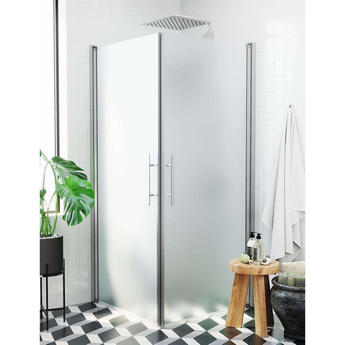 Fjäll Brusehjørne, Firkantet, Børstet Aluminium Profil, Frostet Glas - HomeTomato - 36-101-67-55-00 - 8595677121339