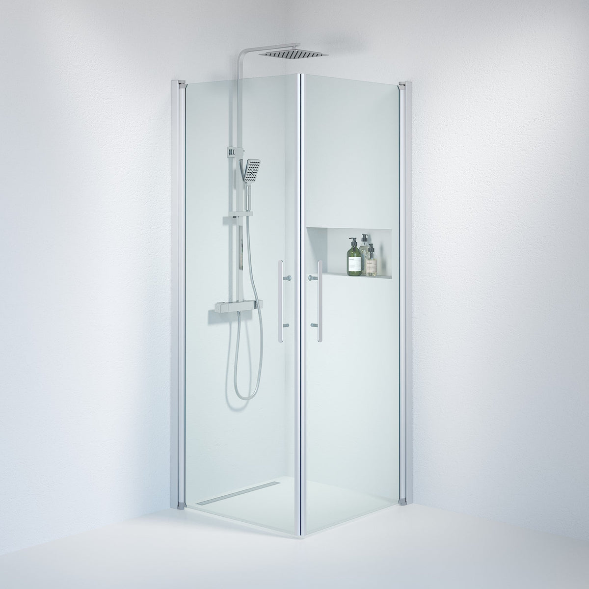 Fjäll Brusehjørne, Firkantet, Børstet Aluminium Profil, Klar Glas - HomeTomato - 36-708-67-50-00 - 8595677120400