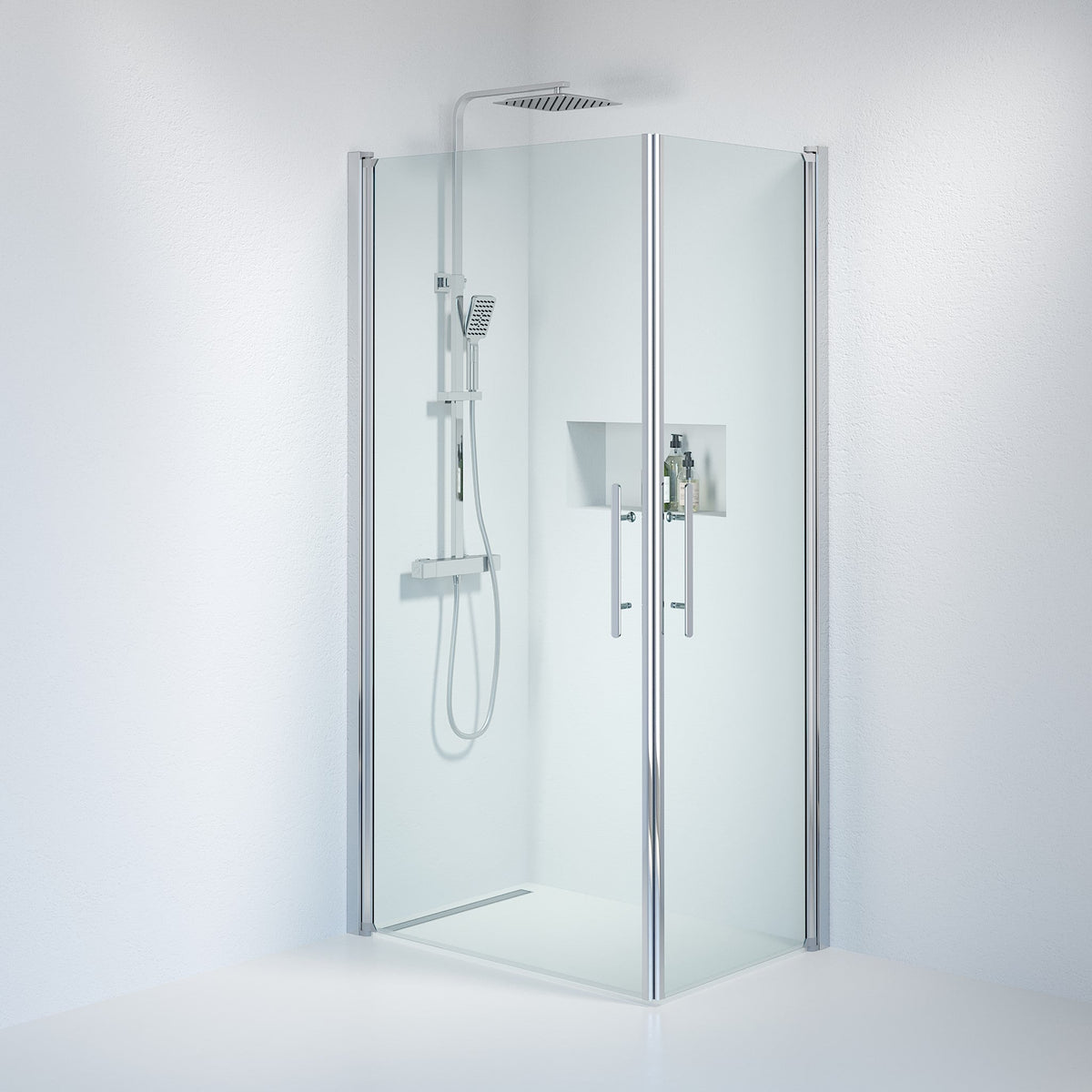 Fjäll Brusehjørne, Firkantet, Krom Profil, Klar Glas - HomeTomato - 36-701-60-50-00 - 8595677120233