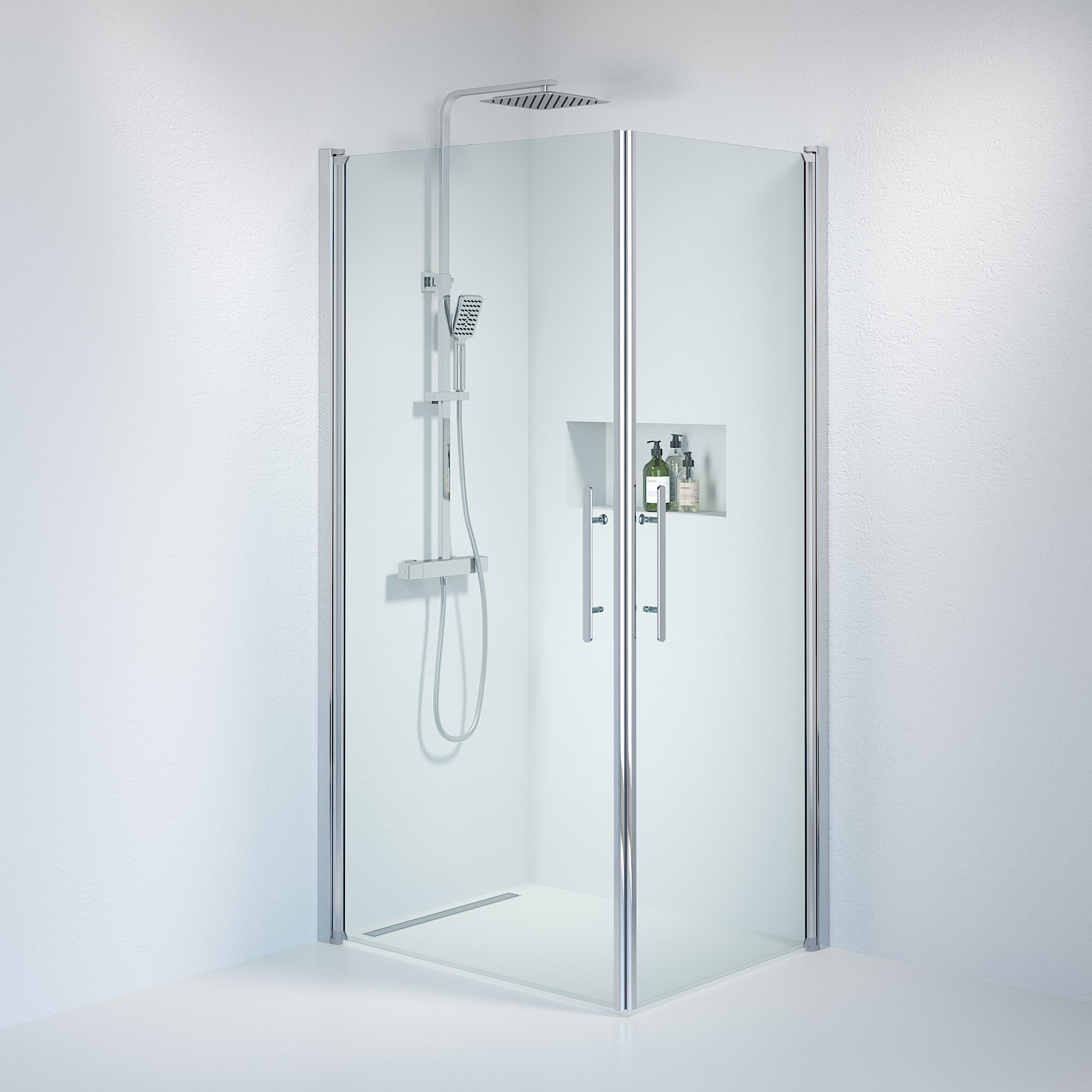 Fjäll Brusehjørne, Firkantet, Krom Profil, Klar Glas - HomeTomato - 36-801-60-50-00 - 8595677120622