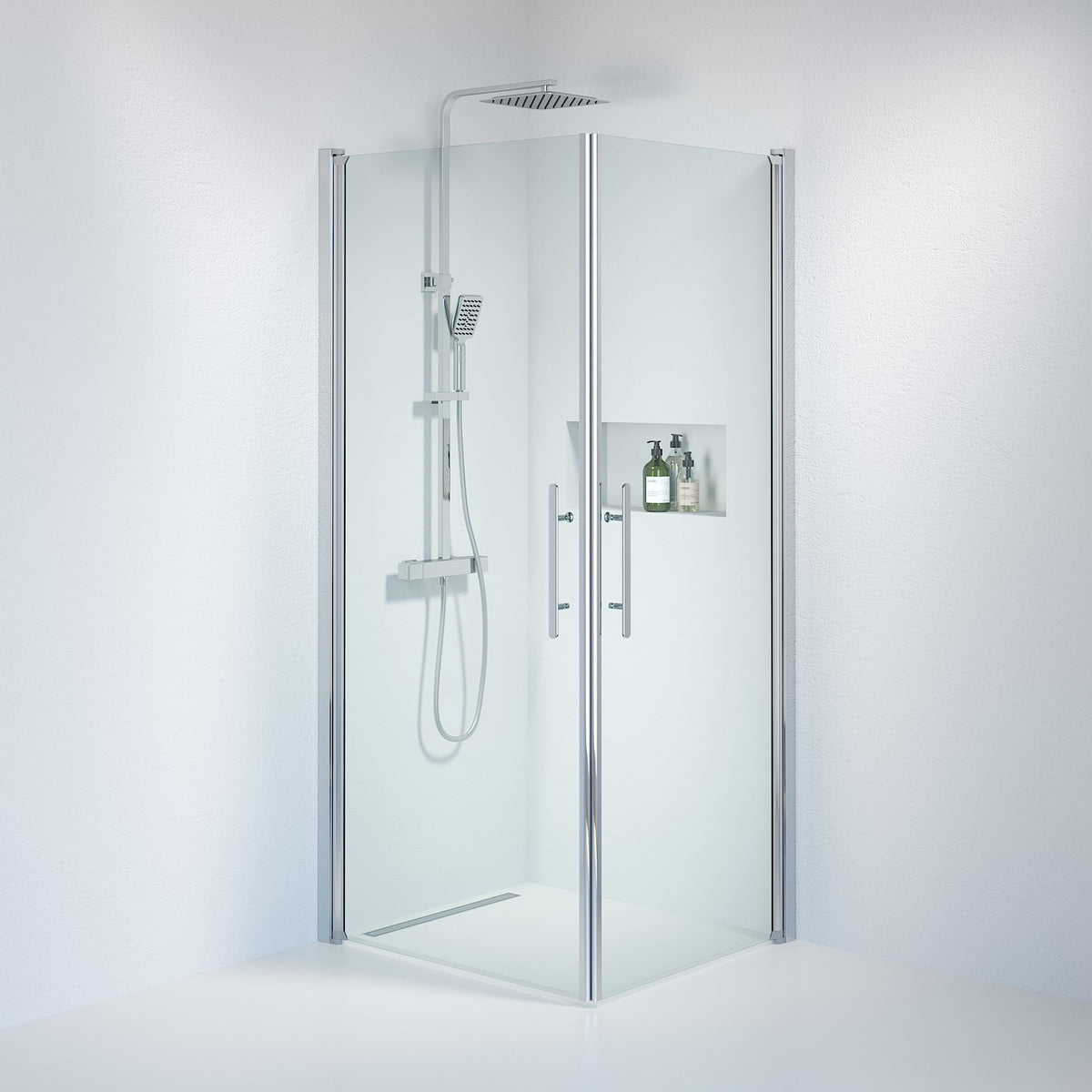 Fjäll Brusehjørne, Firkantet, Krom Profil, Klar Glas - HomeTomato - 36-809-60-50-00 - 8595677120882