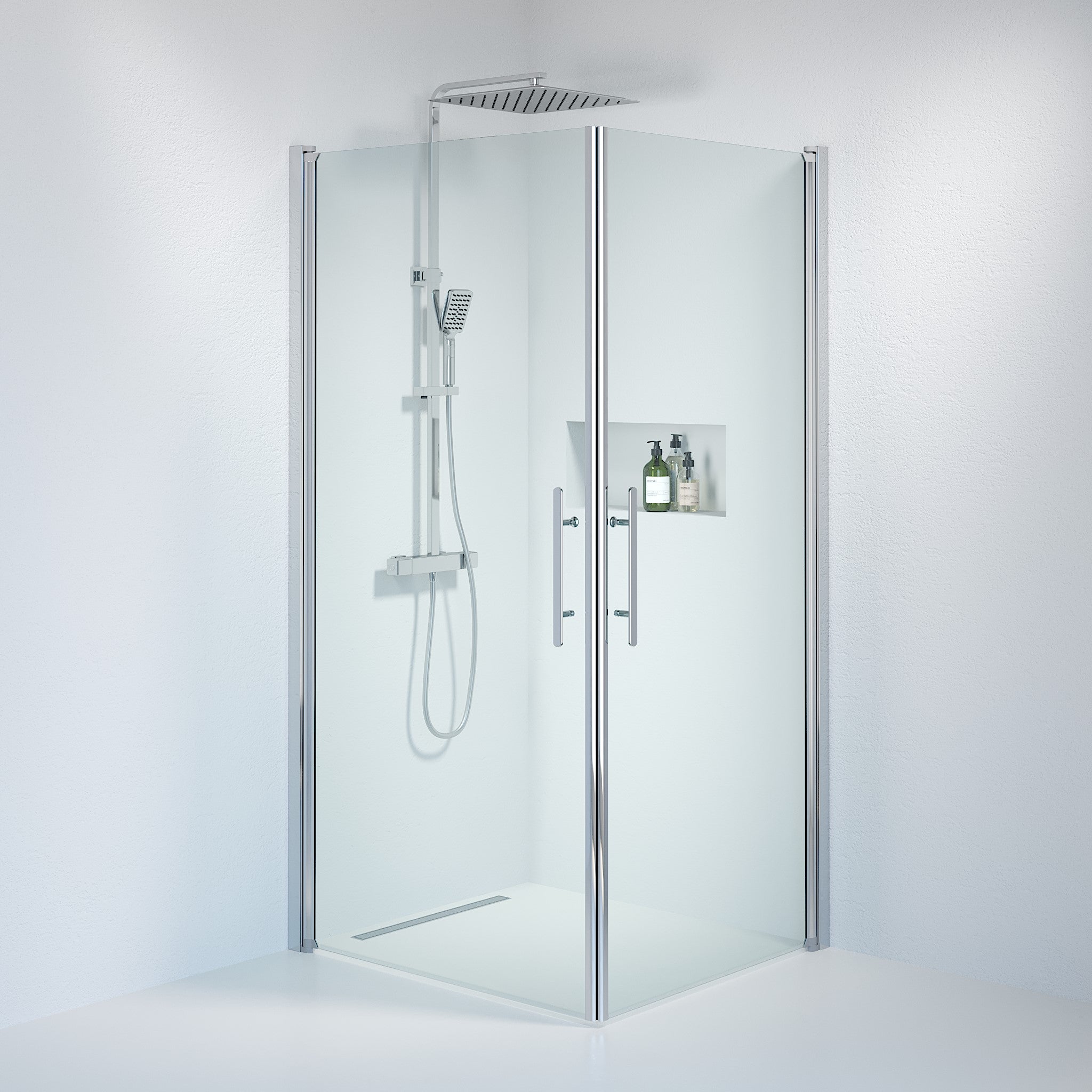 Fjäll Brusehjørne, Firkantet, Krom Profil, Klar Glas - HomeTomato - 36-901-60-50-00 - 8595677121148