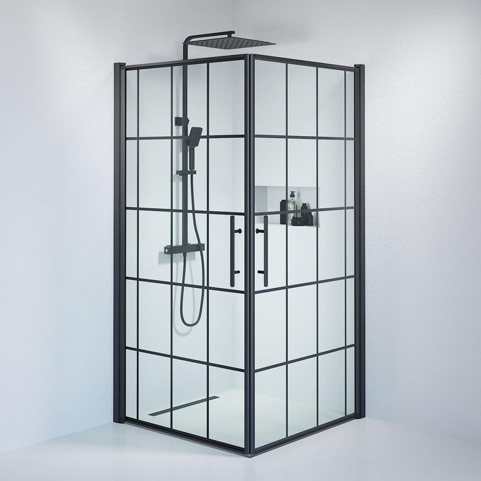 Fjäll Brusehjørne, Firkantet, Sort Profil, Klar Glas med Sprosser - HomeTomato - 36-101-02-49-01 - 8595677121261