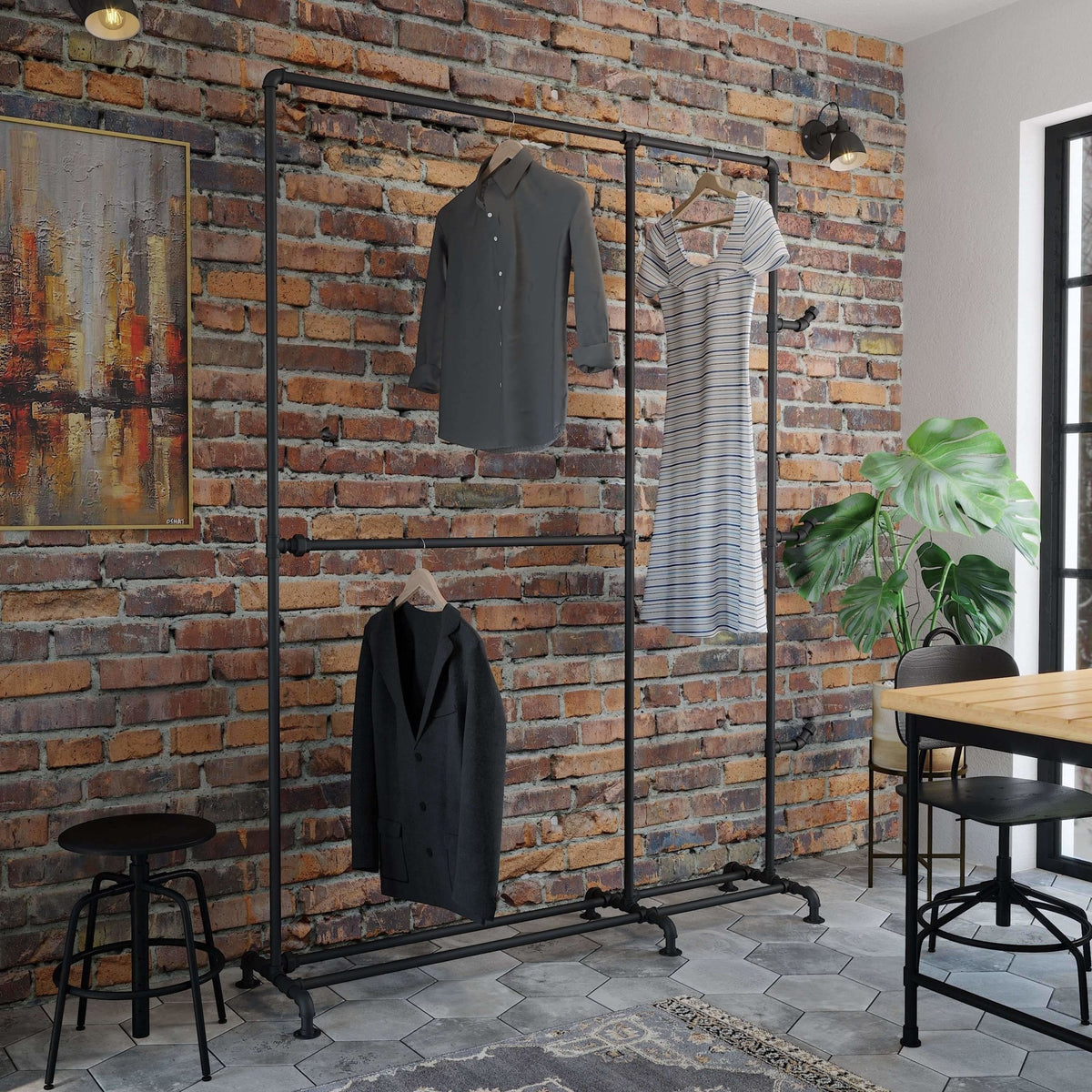 Garderobestativ, Industrielle Vandrør - Gulvmodel - Mat sort - HomeTomato - 50-212-02-02-04 - 8595677116403