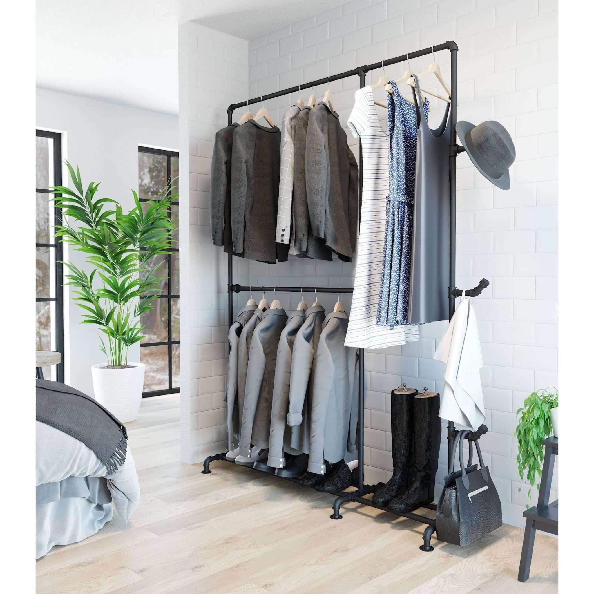 Garderobestativ, Industrielle Vandrør - Gulvmodel - Mat sort - HomeTomato - 50-212-02-02-04 - 8595677116403
