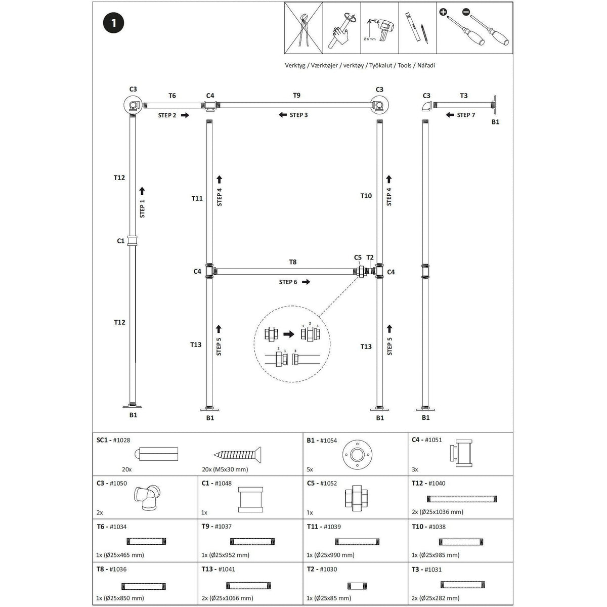 Garderobestativ, Industrielle Vandrør - Vægmodel - Mat sort - HomeTomato - 50-212-01-02-04 - 8595677116397