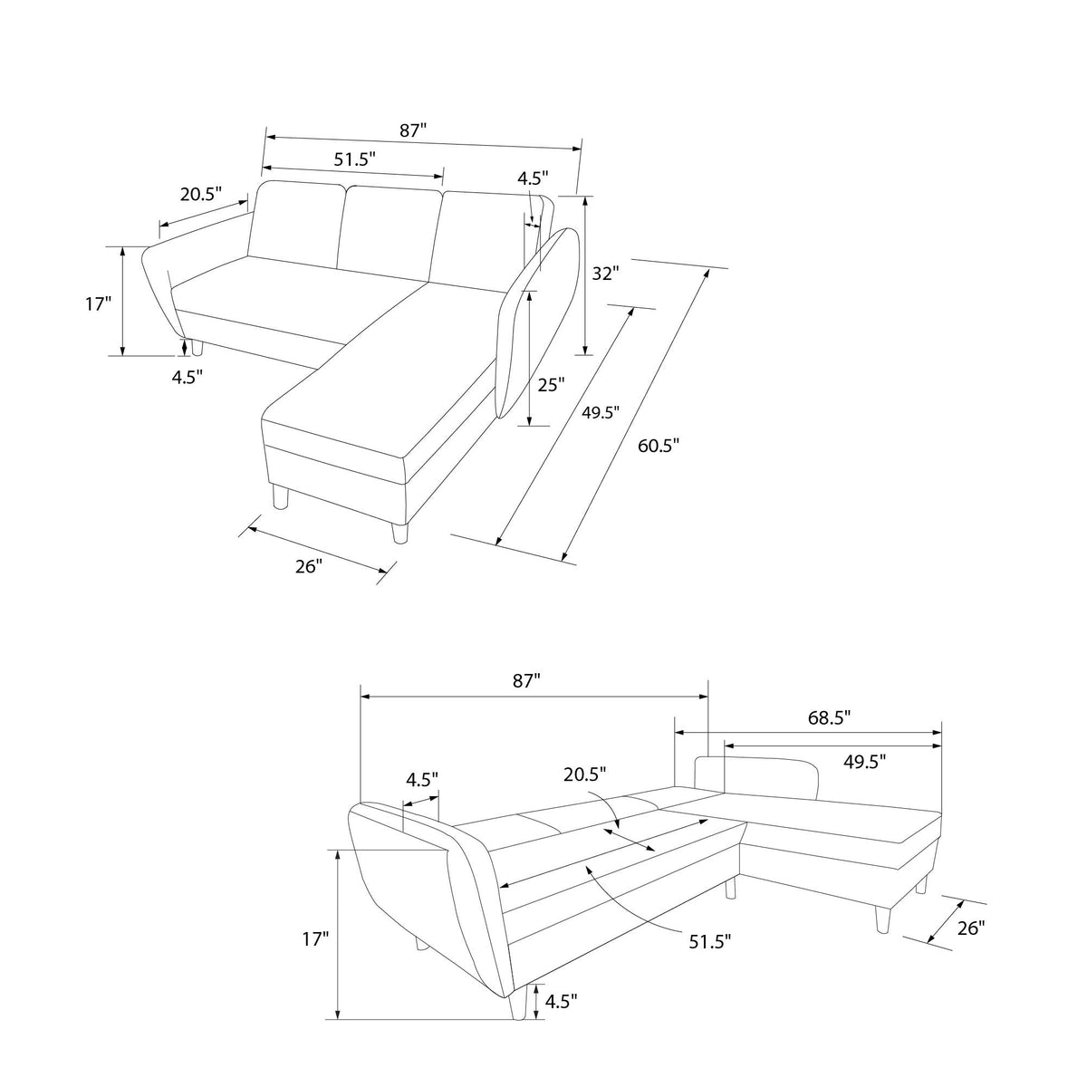 Perry 3 Pers. Sovesofa med Chaiselong, grå