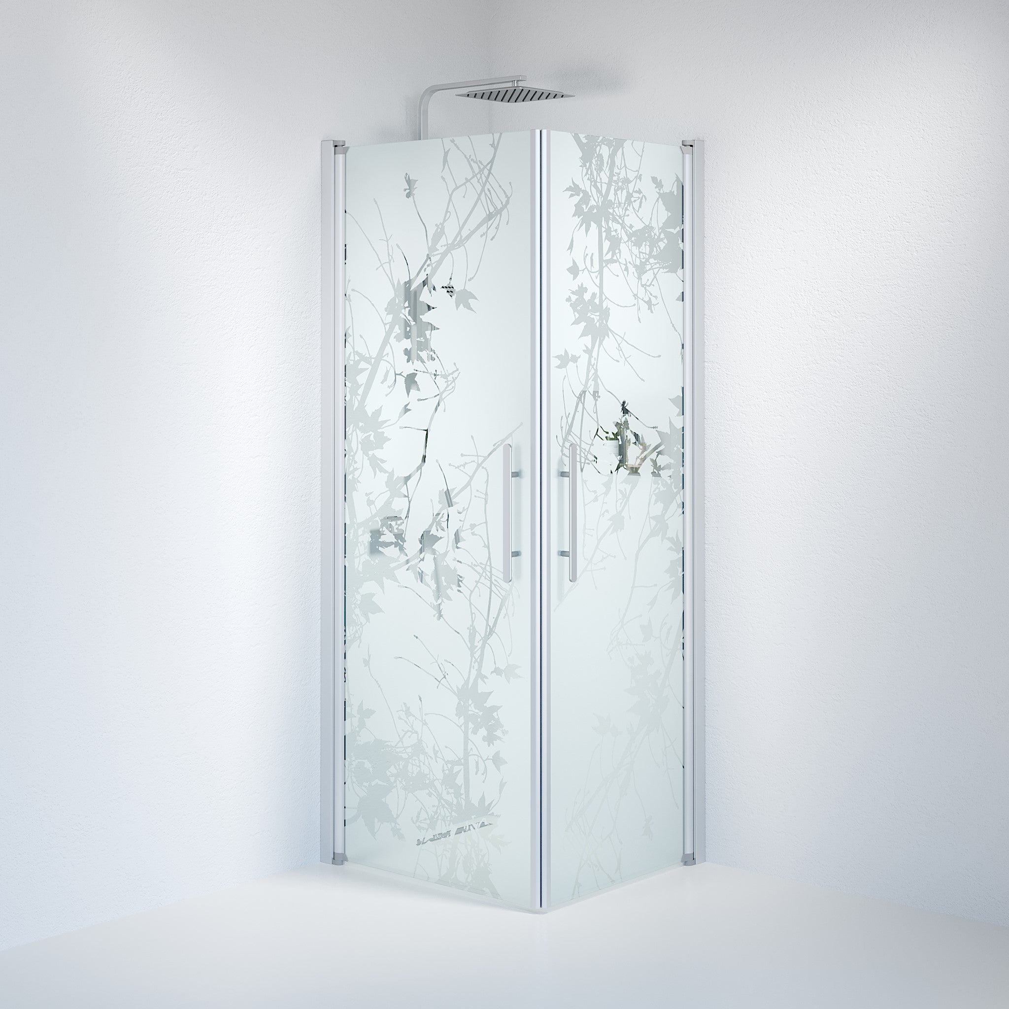 Vänern Brusehjørne, Firkantet, Børstet Aluminium Profil, Frostet Decor Glas