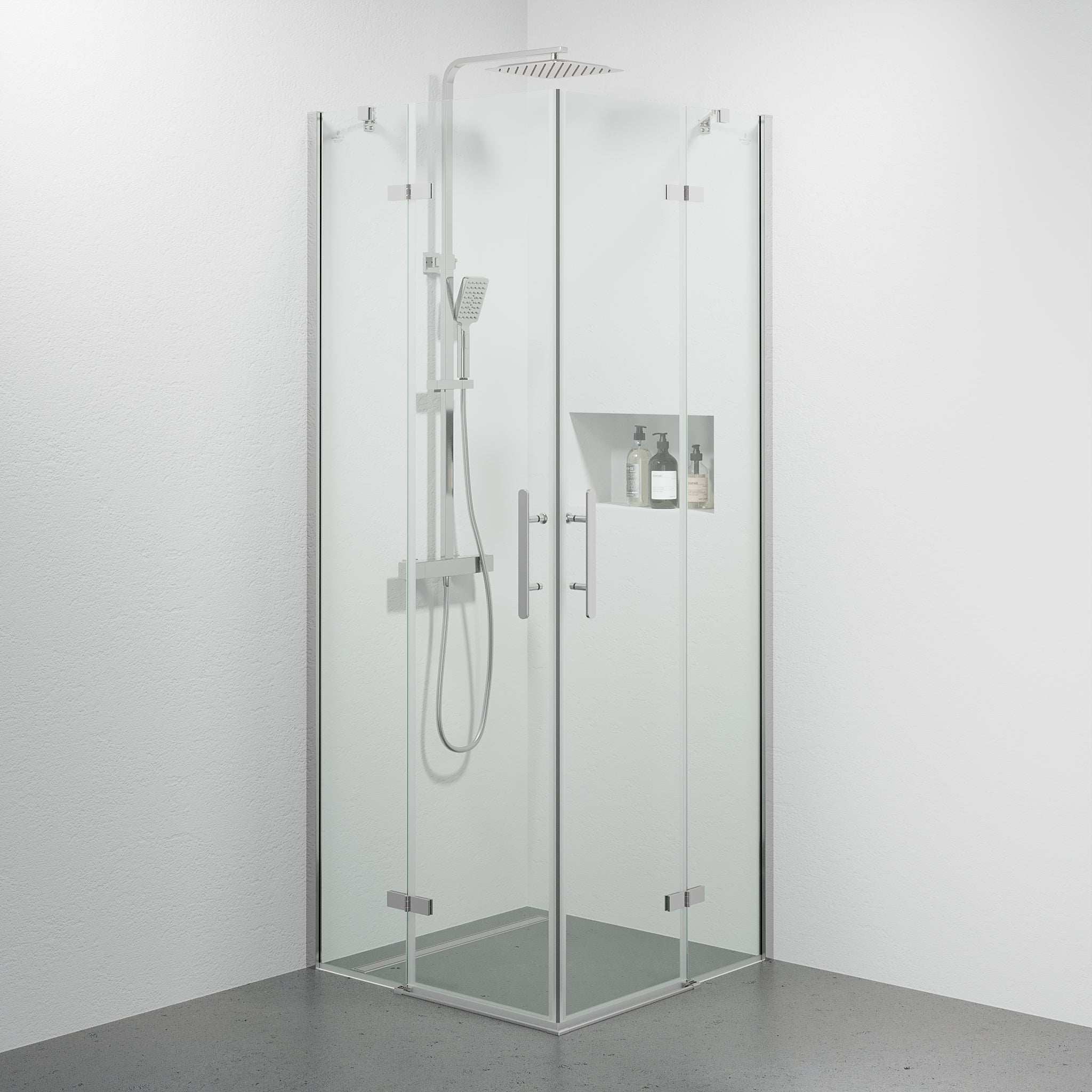 Rämen Brusehjørne, Firkantet, Krom Profil, Klar Glas