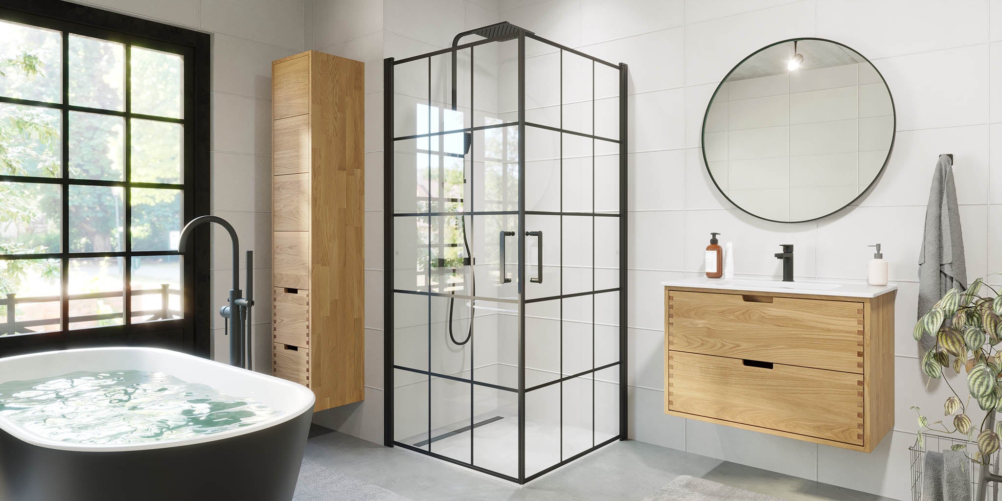 Sandefjord Brusehjørne, Dør + Væg, Sort Profil, Klar Glas med Sprosser