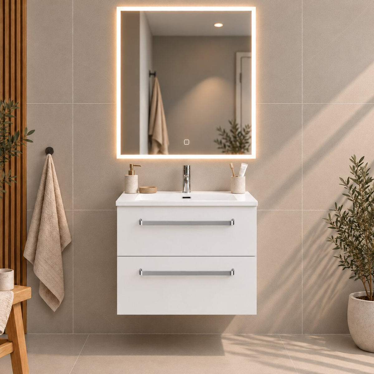 Badmøbel med klassiske fronter - SLIM - 60x36x57 cm - mat hvid - solid surface vask - Viborg