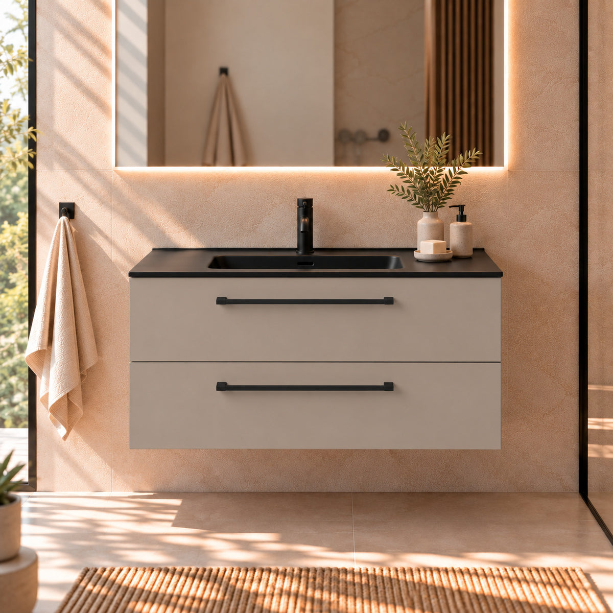 Badmøbel med klassiske fronter - 100x46x57 cm - støvet sand- keramisk vask - Vadum