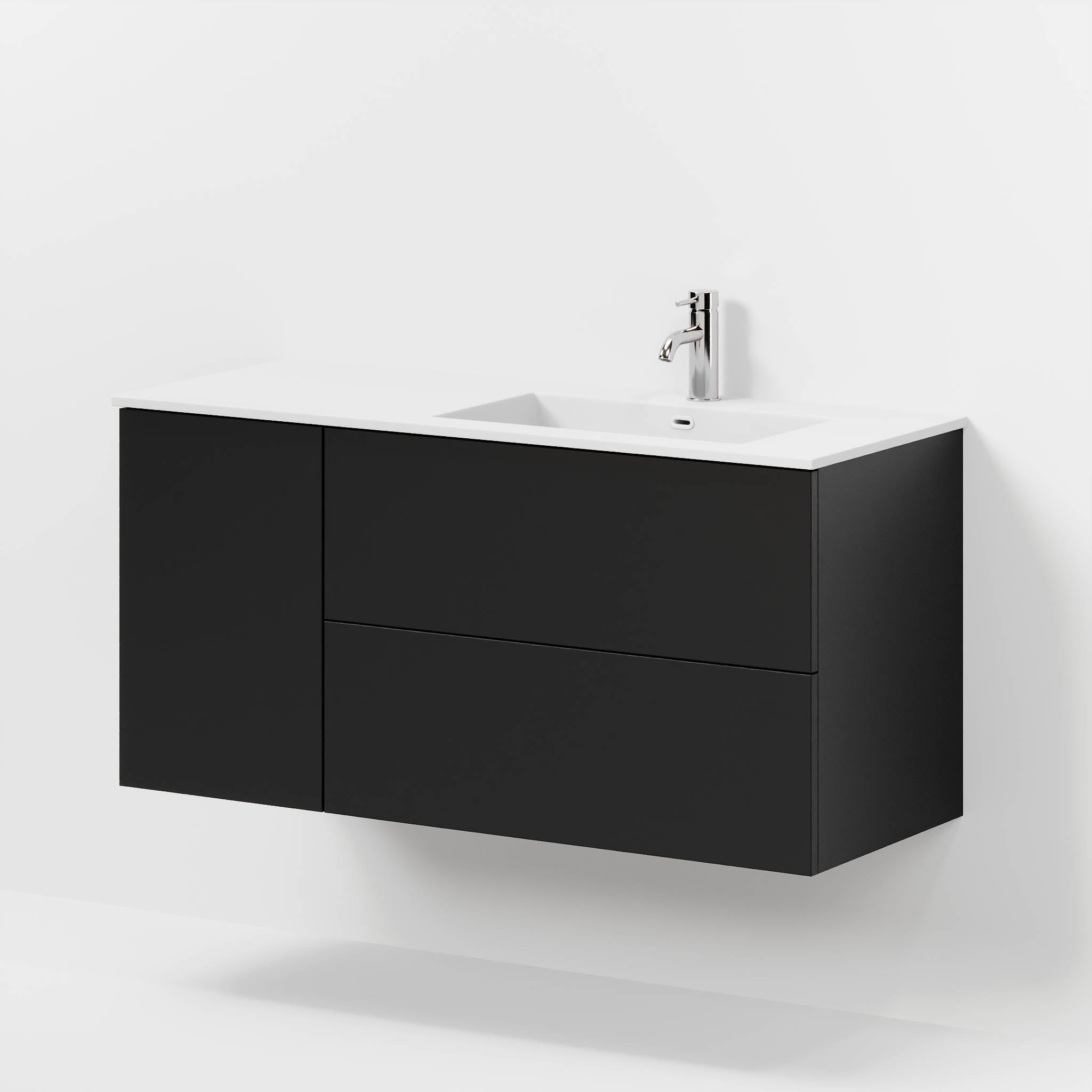 Badmøbel med klassiske fronter - 115x46x57 cm - mat sort -  højrevendt solid surface vask - Viborg
