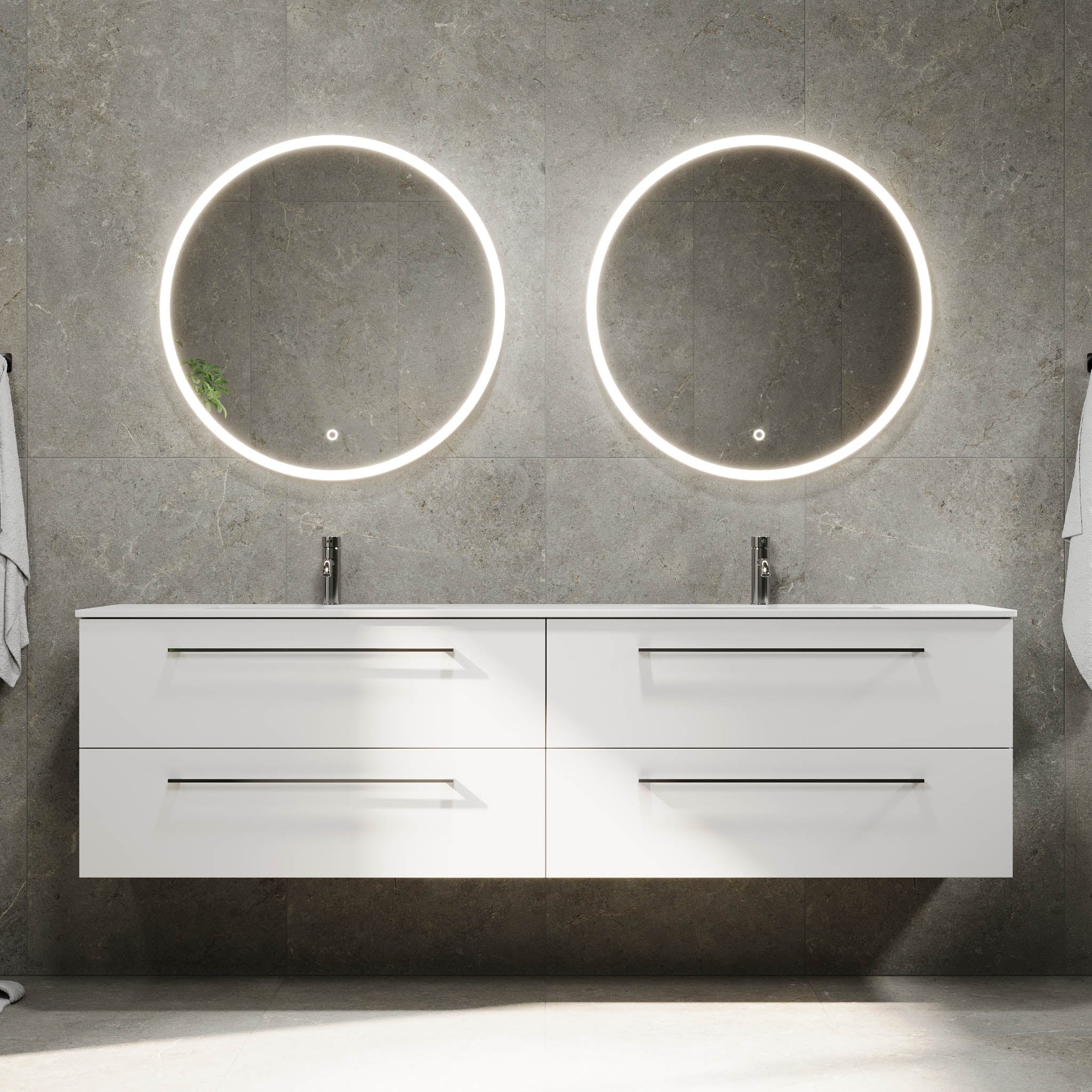 Badmøbel med klassiske fronter - 200x46x57 cm - mat hvid - solid surface dobbeltvask - Viborg
