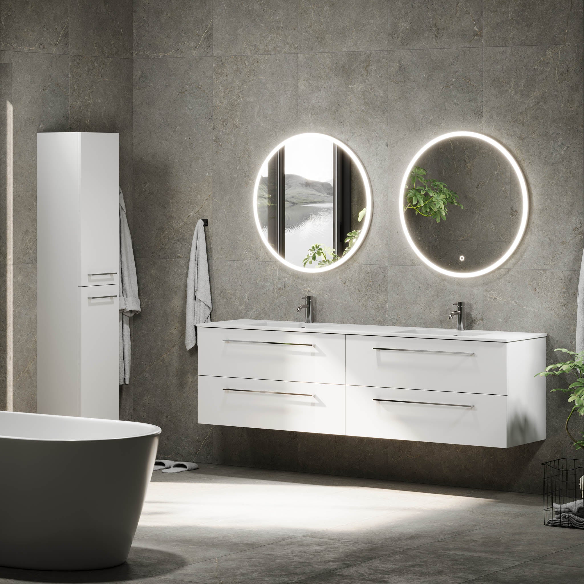 Badmøbel med klassiske fronter - 200x46x57 cm - mat hvid - solid surface dobbeltvask - Viborg